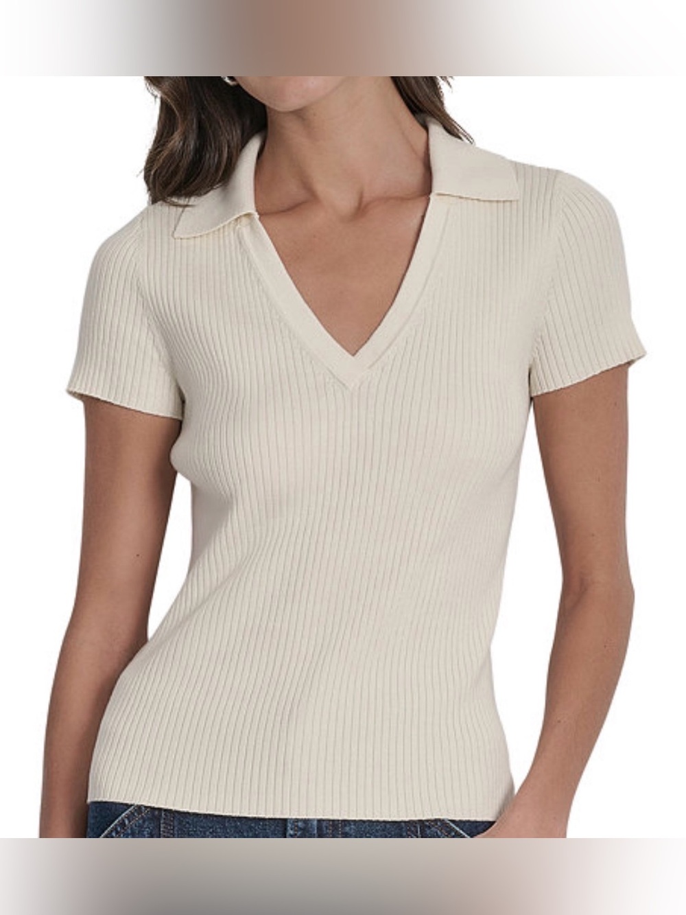 DKNY Jeans Womens Ribbed V-Neck Polo Sweater